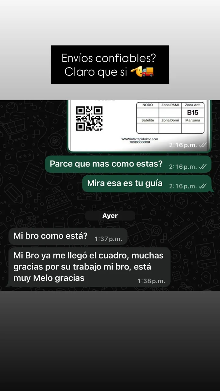 Captura de un chat de WhatsApp con la guía de envío y el agradecimiento del cliente